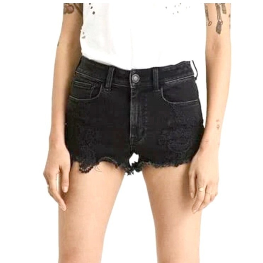American Eagle Denim Shorts Womens 14 Black Lace Crochet Cut Off Super Stretch X